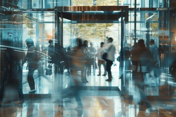 A blurry image of people in motion passing through a glass door into a city street. The image is dynamic and captures the movement of urban life