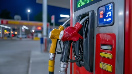 A close-up view of a fuel pump with red and yellow nozzles, displaying a digital screen, at a gas station illuminated in the evening.