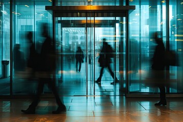 A blurred image of people walking through glass doors in a modern office building, capturing the fast-paced energy of a corporate environment.