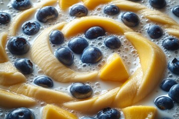 Close up of Fresh Blueberries and Mango in Milk