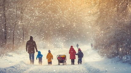 Kids and family in snowy park