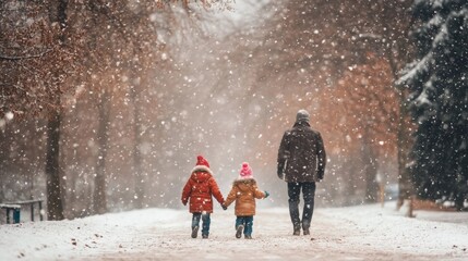 Family with kids in a snowy park