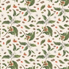 Coffee plant with green leaves and red ripe coffee fruits, with roasted beans. Watercolor pattern is hand-drawn on a beige background. Suitable for shop, cafe, postcards, packaging design.