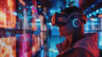 A young woman wearing VR glasses with integrated headphones, completely engrossed in the virtual reality experience. The background is bright and colorful, with neon lights creating a dynamic and enga