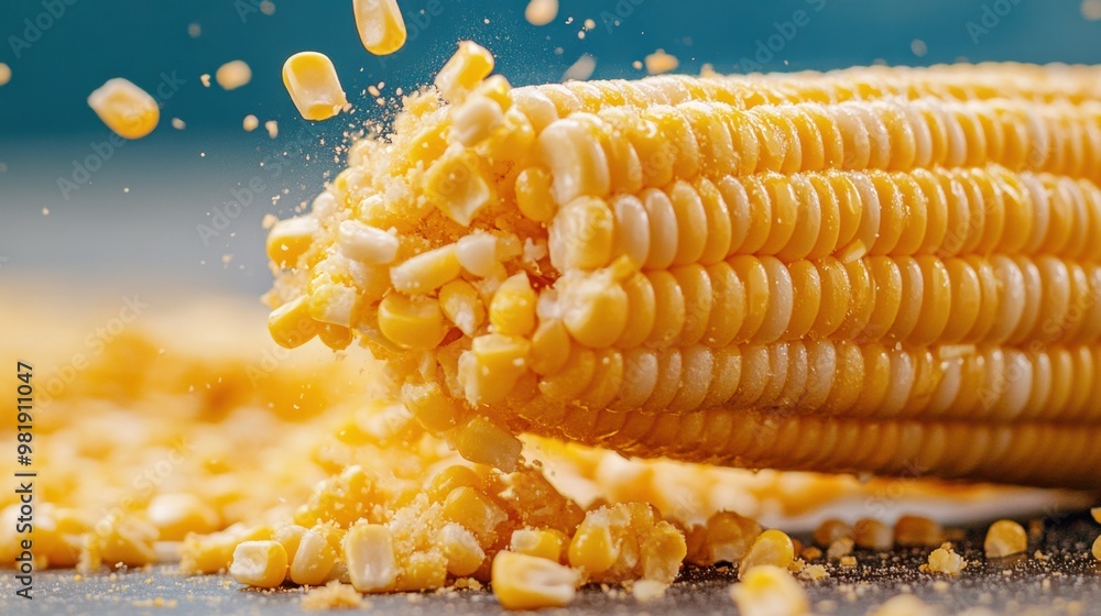 Poster a close up of a corn cob being popped open with some kernels falling out, ai