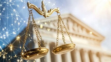 Golden Scales of Justice with Abstract Network Background and Courthouse