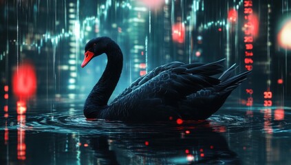 A striking digital art piece illustrating the black swan concept in the stock market, showcasing unexpected events