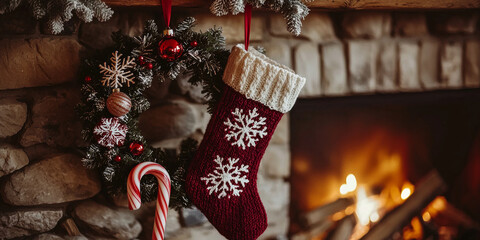 A cozy Christmas scene with elegant red and white hand-knitted holiday stockings hanging vertically on the fireplace, generative AI