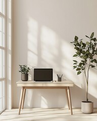 A minimalist home office with a neutral color palette, featuring a sleek desk, a laptop, and a single plant, embodying simplicity and functionality.