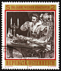 Postage stamp Austria 1969 scene from Opera Don Giovanni by Wolfgang Amadeus Mozart, centenary of Vienna Opera House