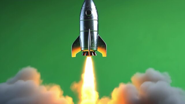 Sleek silver rocket launches against a vibrant green screen, perfect for your project. Add futuristic technology and exploration to your work with this dynamic image