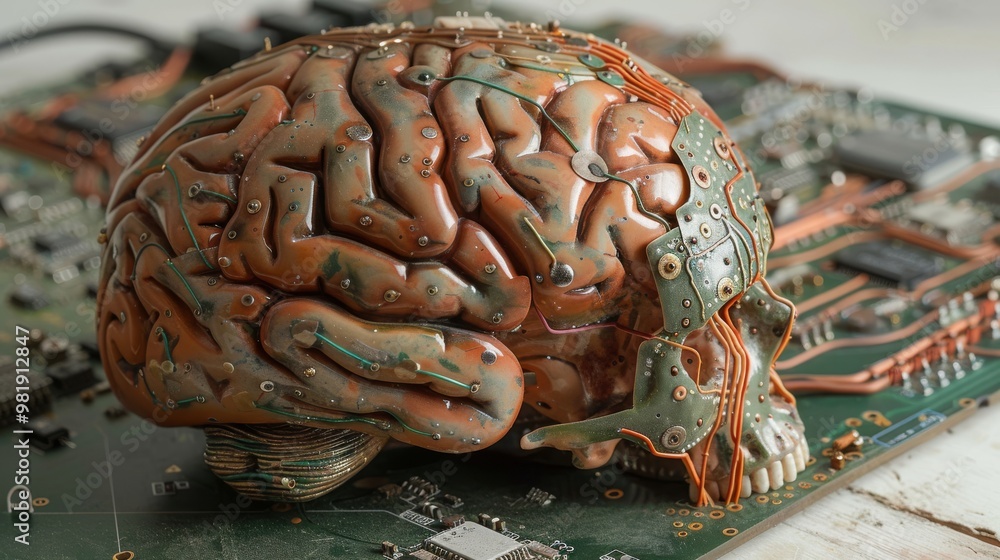 Poster a skull with a brain on top of a computer board