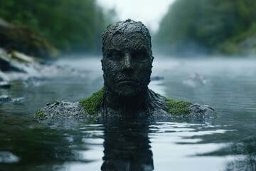 Fototapeta premium mysterious moss-covered figure emerging from a misty lake