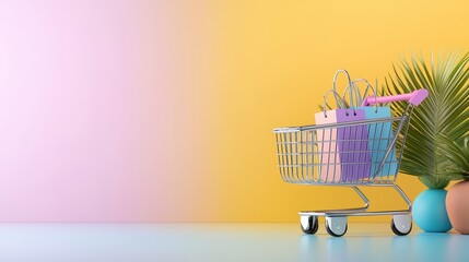 Shopping Cart with Bags on a Yellow Background