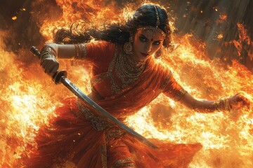 Fiery Warrior Woman in Orange Sari Holding Sword