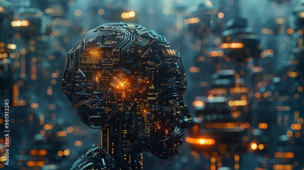 Poster a computer generated image of a head with a city in the background
