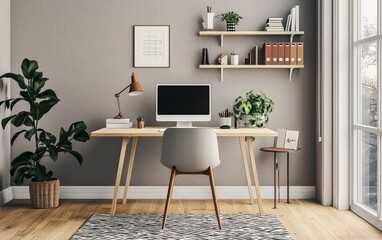 A minimalist home office with just a desk, chair, and a few select items, promoting focus and productivity in a clutter-free environment.