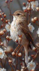 A Small Brown Bird Perched on a Branch with White Flowers