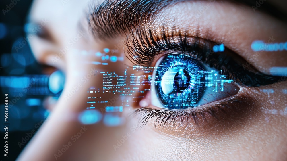Poster digital eye close up of human eye with code and data