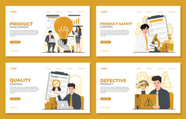 product quality control landing page template concept product development, safety, quality, defective set 