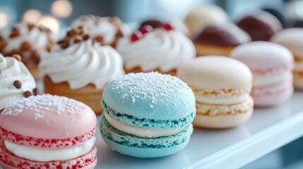 Assortment of colorful macarons and pastries