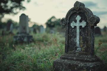 Weathered Gravestone with Cross in a Cemetery