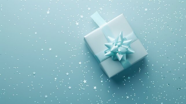Top view of a gift box with a congratulatory card, clean soft blur light blue background, small stars, small flowers, celebratory and uplifting.