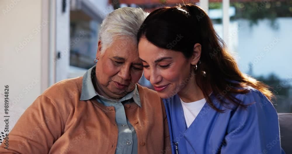 Wall mural Nurse, hug and empathy with old woman on sofa in living room for Alzheimer, cognitive support and helping others. Healthcare, medical and senior care with people in retirement home for sympathy