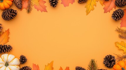 Autumn Fall Background with Pumpkins  Pine Cones  and Leaves