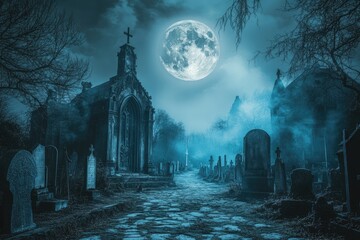Obraz premium A Graveyard Path Under a Full Moon with a Stone Mausoleum