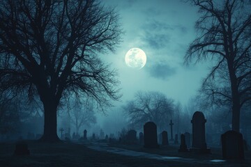A Foggy Graveyard Under a Full Moon