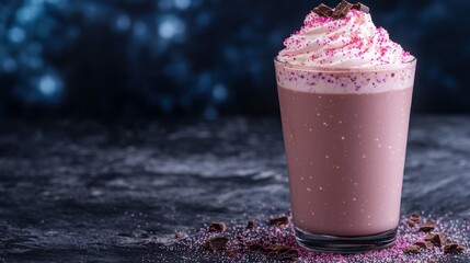 Sparkling pink milkshake with whipped cream and chocolate shavings