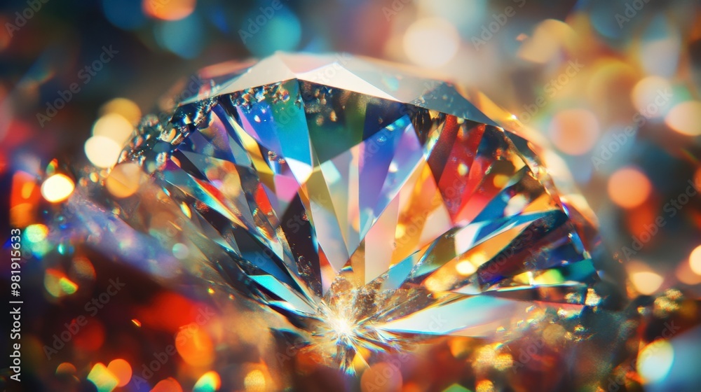 Poster a close-up of a diamond's facets reflecting light, creating a dazzling array of colors and sparkles.