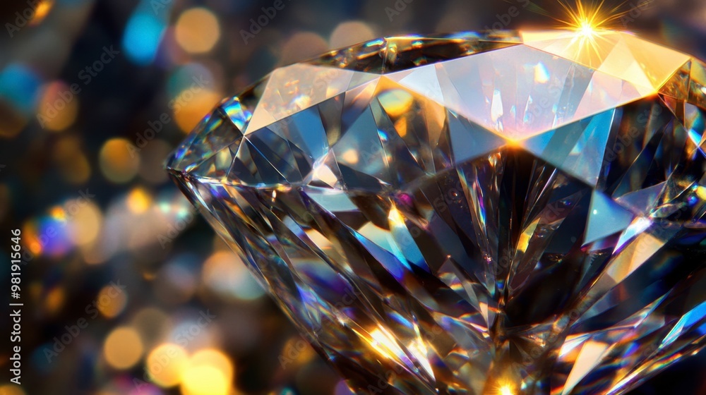 Poster a close-up of a diamond's facets reflecting light, creating a dazzling array of colors and sparkles.