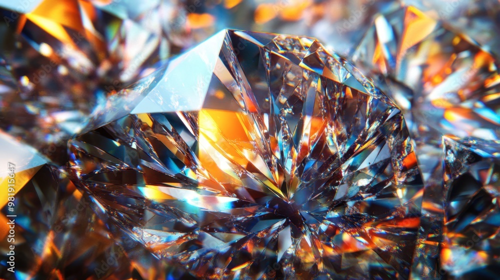 Poster a close-up of a diamond's facets reflecting light, creating a dazzling array of colors and sparkles.