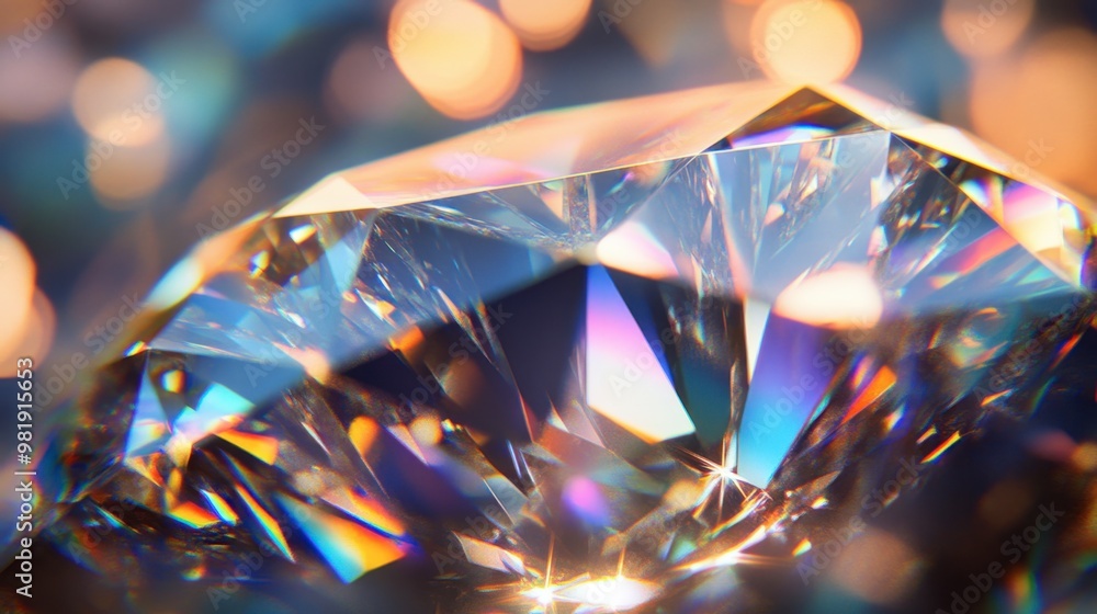 Poster A close-up of a diamond's facets reflecting light, creating a dazzling array of colors and sparkles.