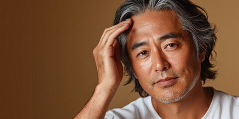 Fototapeta premium A middle-aged man with gray hair touching his head, generative AI