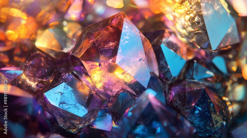 Poster a close-up of a gem facets capturing light, creating a mesmerizing display of colors and reflections