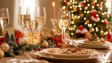 Festive Christmas Table Setting with Champagne Flutes and Decor