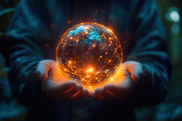 Fototapeta premium Mystical glowing orb held in hands, emitting vibrant orange and yellow light. Magical atmosphere with a sense of wonder and mysticism.