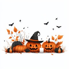 Festive Halloween scene with carved pumpkins, bats, and autumn leaves creating a spooky yet fun atmosphere.