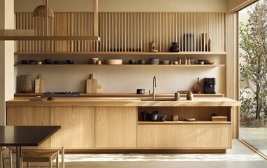 A minimalist Japanese kitchen with clean lines, natural wood cabinetry, and an uncluttered layout, focusing on functionality and simplicity.