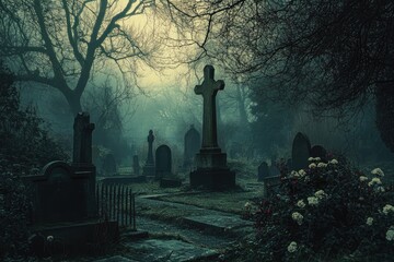 A Foggy Graveyard with a Cross-Shaped Headstone