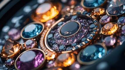 A detailed shot of a gem-studded luxury watch face, with a focus on the shimmering gems and their integration into the design.