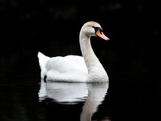 Fototapeta premium Elegant white swan floating on dark water