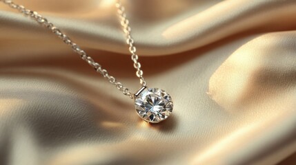 A diamond pendant glistening on a delicate chain, displayed on a silk fabric with soft lighting enhancing its sparkle.