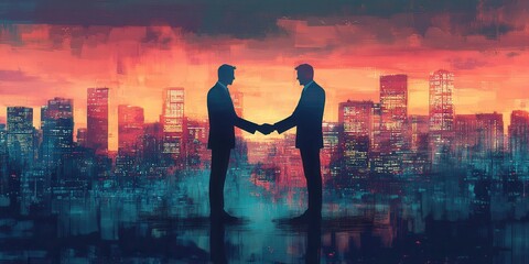 Fototapeta premium Silhouette of two businessmen shaking hands with a vibrant cityscape backdrop at sunset, symbolizing partnership and agreement.