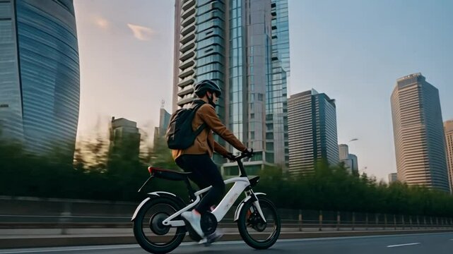 A cyclist rides in a designated bike lane flanked by greenery and tall skyscrapers. The clean, modern urban setting, bathed in early morning sunlight, highlights the trend of eco-friendly commuting.