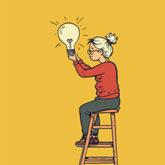 Woman on Ladder Fixing Lightbulb