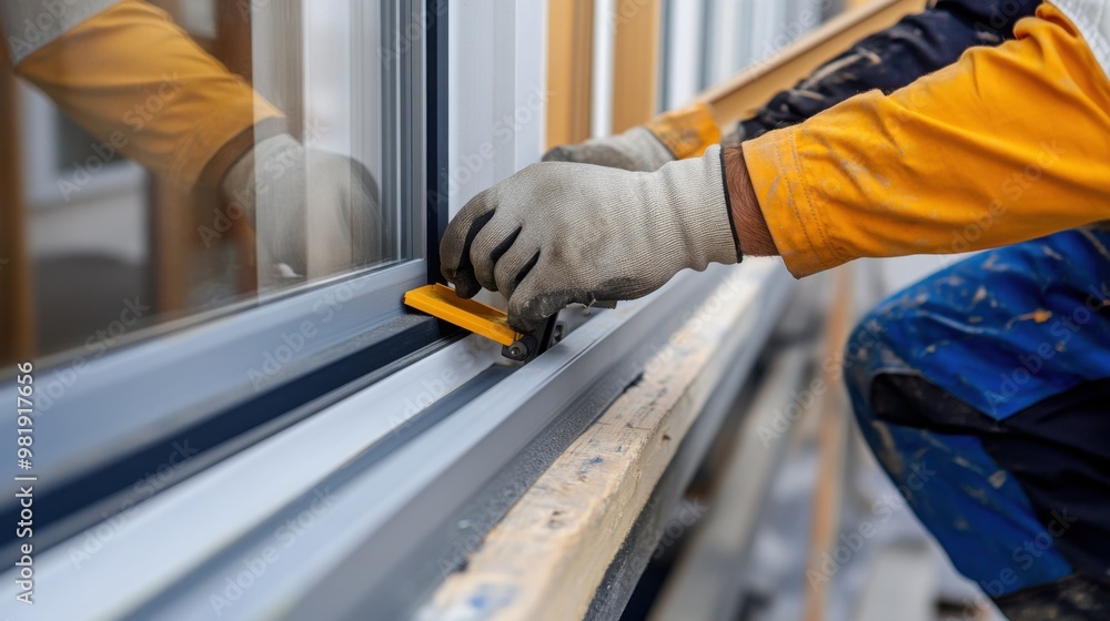 Poster window repairman adjusting a large window frame, using a level to ensure proper alignment.